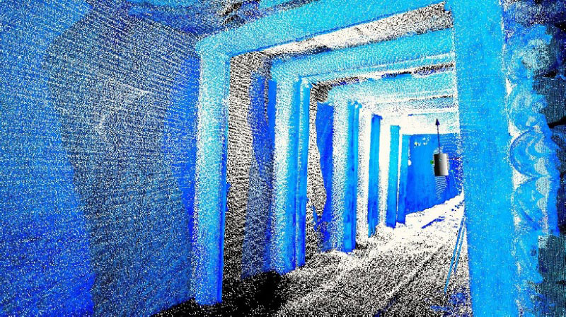 3D-Punktwolken des RIEGL VZ-400i (Blau) und des GeoSLAM ZEB-REVO (Weiß)