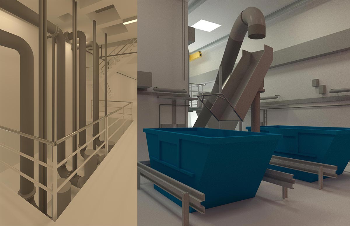 3D-Modell Regenüberlaufbecken, Rechenhalle, Sandfanggebäude und Dükerhalle 4