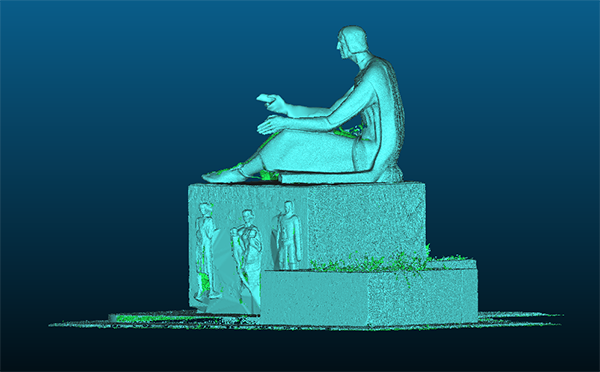 3D-Modell des Denkmals von Eike von Repgow in Magdeburg.