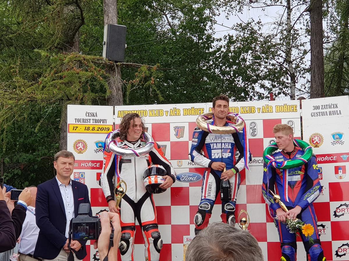 The podium of the first race of the IRRC series 2019 in Horice. Winner Matthieu Lagrive (middle), Kamil Holan (left) and Schmiddel (right). 