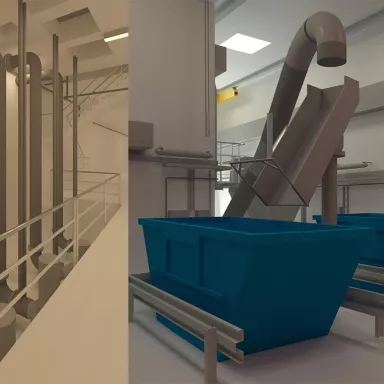3D-Modell Regenüberlaufbecken, Rechenhalle, Sandfanggebäude und Dükerhalle 4