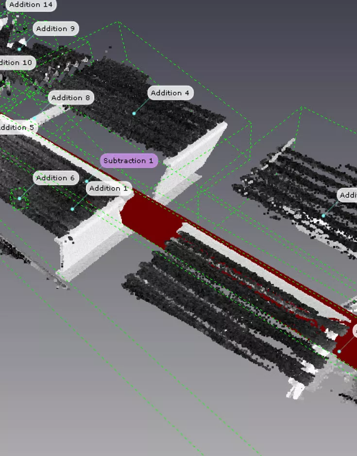Collisions analysis: Point cloud (laser scan) and CAD model (pipe) in Pointools V8i