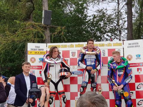 The podium of the first race of the IRRC series 2019 in Horice. Winner Matthieu Lagrive (middle), Kamil Holan (left) and Schmiddel (right).